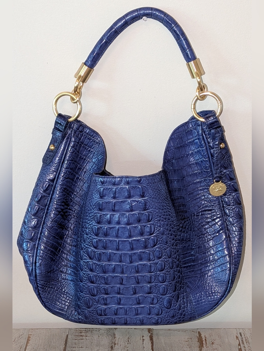 Brahmin Navy Blue Croc-Embossed Shoulder Bag with Gold Hardware - Picture 3 of 9